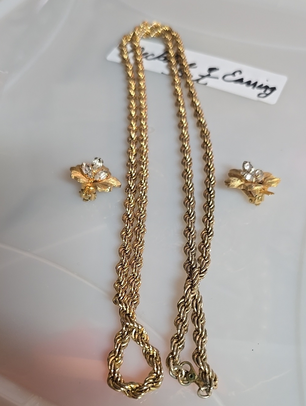 Gold Rope Chain Necklace withVintage Kramer Floral Crystal Clip On Earr.. - Gold